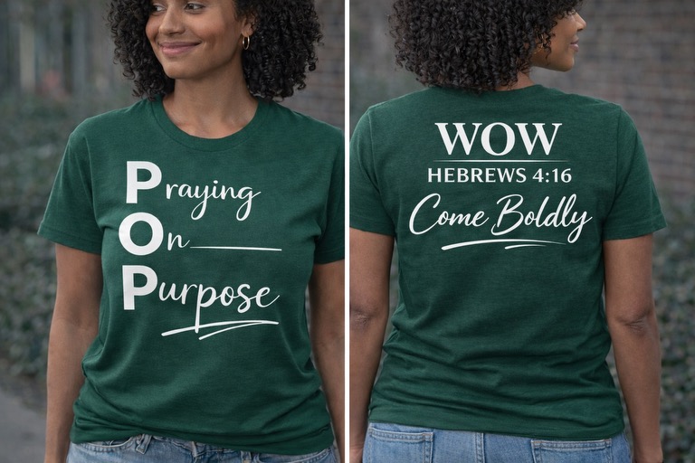 WOW Women 2026 T-Shirt — Praying on Purpose front and back